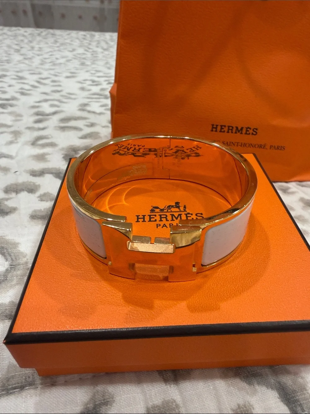 Hermes White Enamel and Gold H Cuff Bracelet